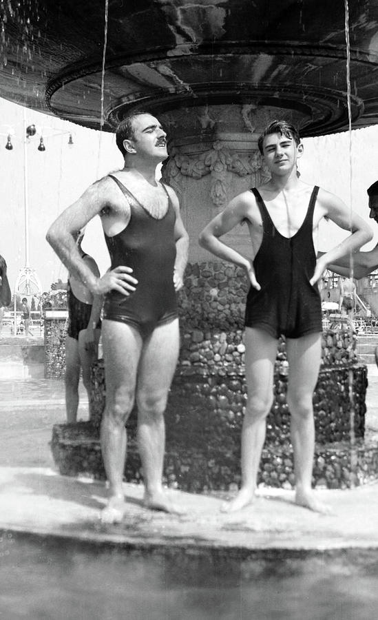 1920s vintage photo of two men in 1920s swimsuits. 1920s Vienna Swimming Pool Fashion