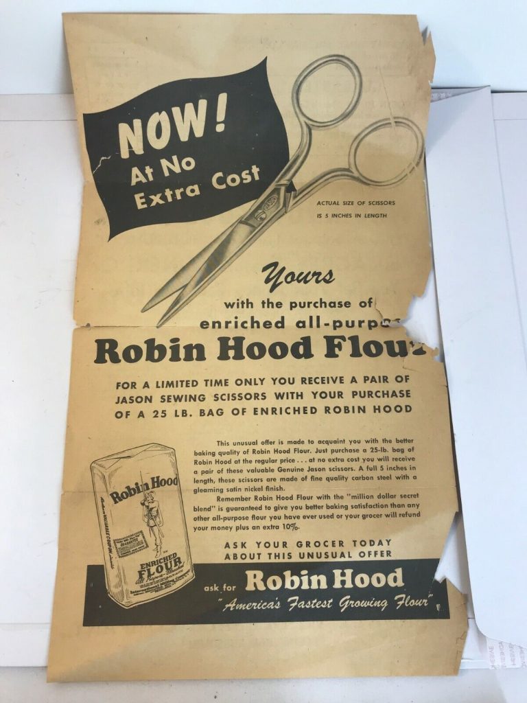 1930s vintage advertisement for Robin Hood Flour featuring an offer for Jason sewing scissors with purchase.