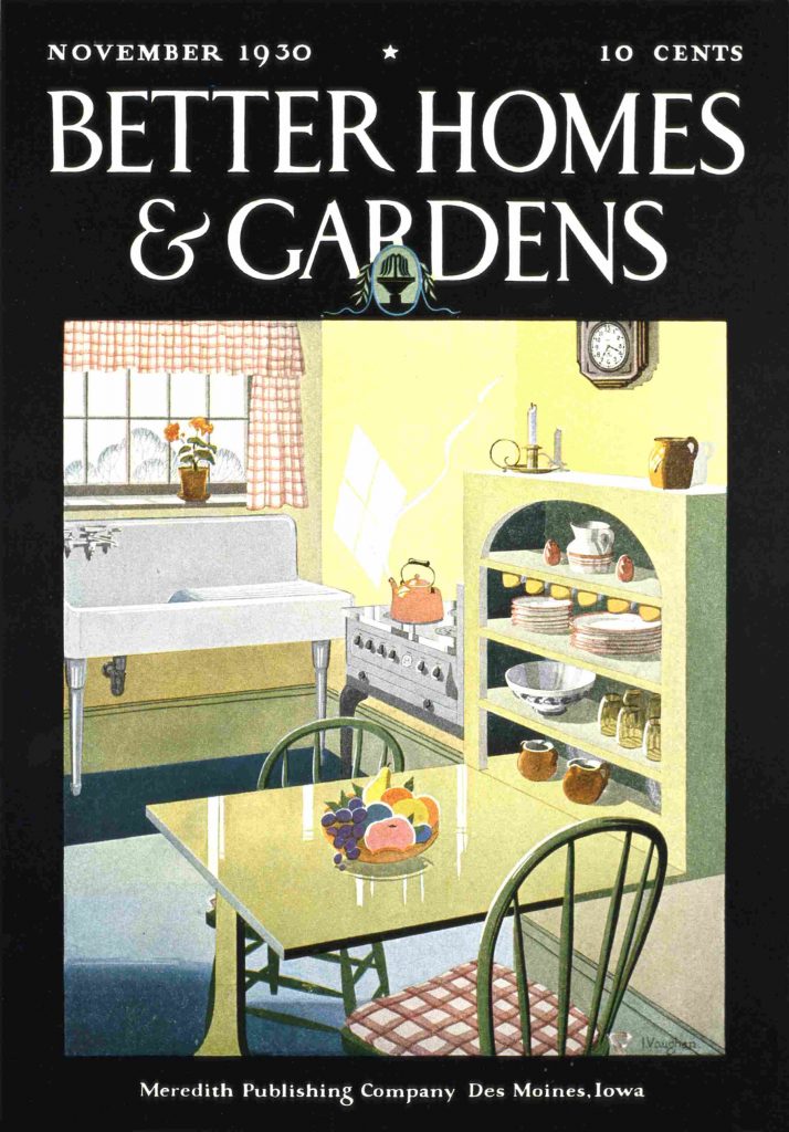 1930s vintage magazine cover better homes and gardens november 1930 featuring an illustration of a 1930s kitchen