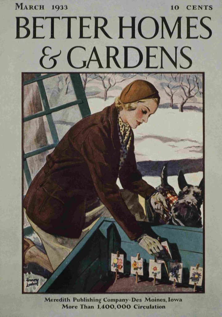 1930s vintage magazine cover for Better Homes & Gardens featuring a women in 1930s winter fashions planting / planning her flower garden for spring. Her beloved Scottie Dog is watching her closely. 