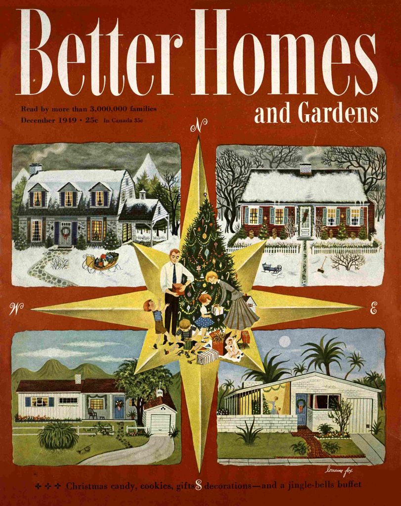 1940s vintage maagazine cover featuring a 4 different styles of homes from Mid Century style to traditional with a Christmas tree and family in the center.  Christmas is where ever you celebrate it. 