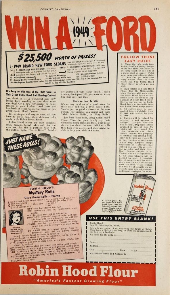 1940s vintage ad: 1948 Print Ad for Robin Hood Flour featuring a contest to name the "Mystery Rolls" to win a 1949 Ford Sedan and $25,500 worth of prizes!