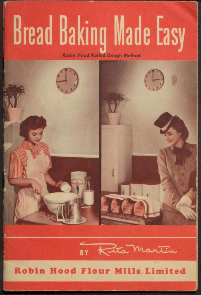 1940s vintage baking book from 1949 from Robin hood flour. "Bread Baking Made Easy" featuring a young woman baking the bread and then another image of her 1940s hat and clothes heading out with baked bread beside her. 