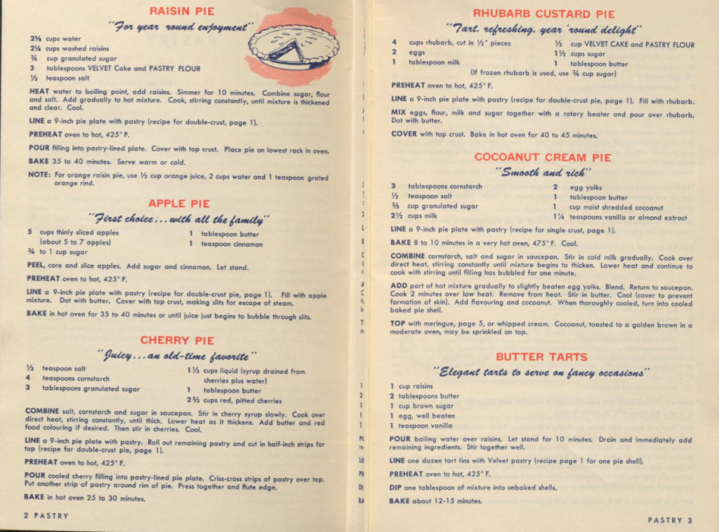 1940s vintage pie recipes as seen in a vintage baking book by Robin Hood Flour. You can make apple pie, cherry pie, cocoanut cream pie and so much more! 
