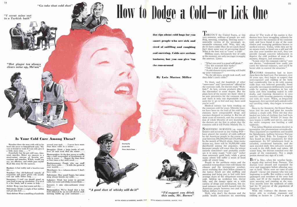 1940s vintage magazine article - March 1942, Better Homes & Gardens magazine had an article on "How to Dodge a Cold - or Lick One" 