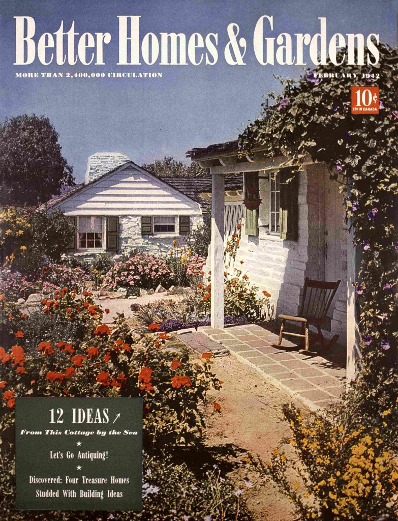 1940s vintage magazine cover for Better Homes & Gardens February 1942 featuring a flower garden in front of a house