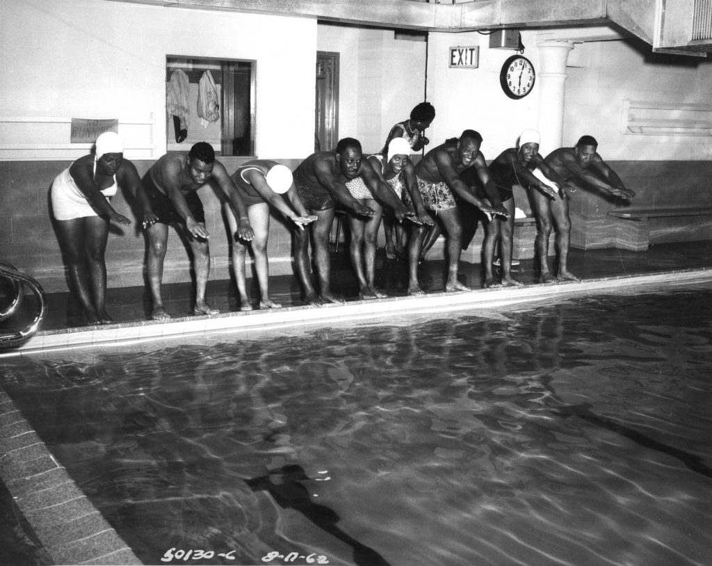 1960s vintage photo: A Black swim club meets at the Kelly Natatorium, the indoor pool once located at the Fairmount Water Works, in 1962.  Photo courtesy of the Fairmount Water Works and Philadelphia Water Department Collection