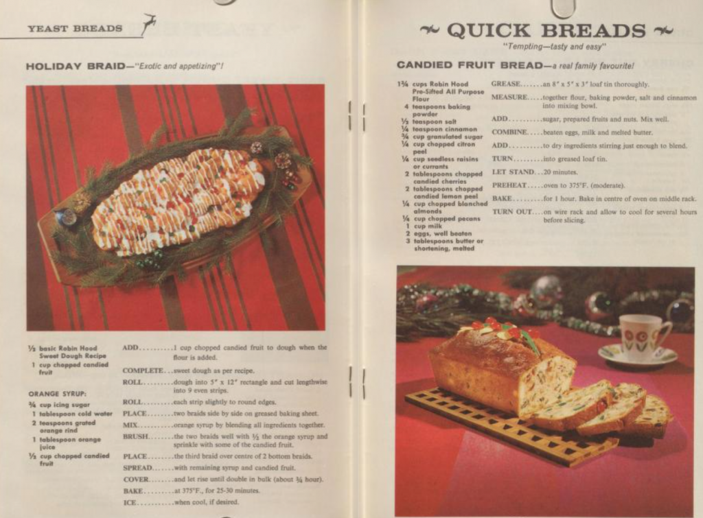 1950s vintage baking book for no-sift christmas dessert recipes featuring robin hood flour. Lots of cool vintage Christmas desserts to chose from like a fruit bread and a Holiday Braid bread. 