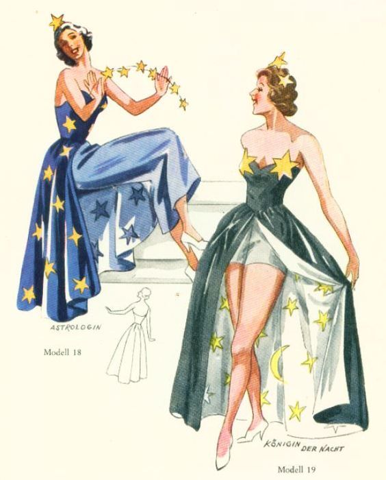 1950s fashion illustration for women dressed up with stars for the Lutterloh Carnival. 