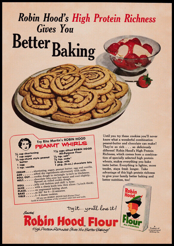 1950s vintage ad for Robin Hood Flour featuring a 1950s dessert Recipe for Peanut Whirls cookies.