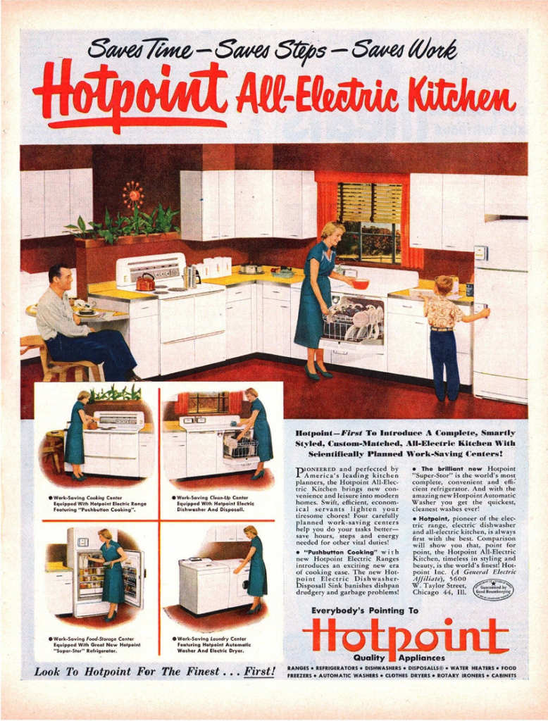 1950s vintage ad: 1950 Hotpoint All-Electric Kitchen. 