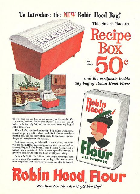 1950s vintage advertising for Robin Hood Flour featuring a recipe box offer