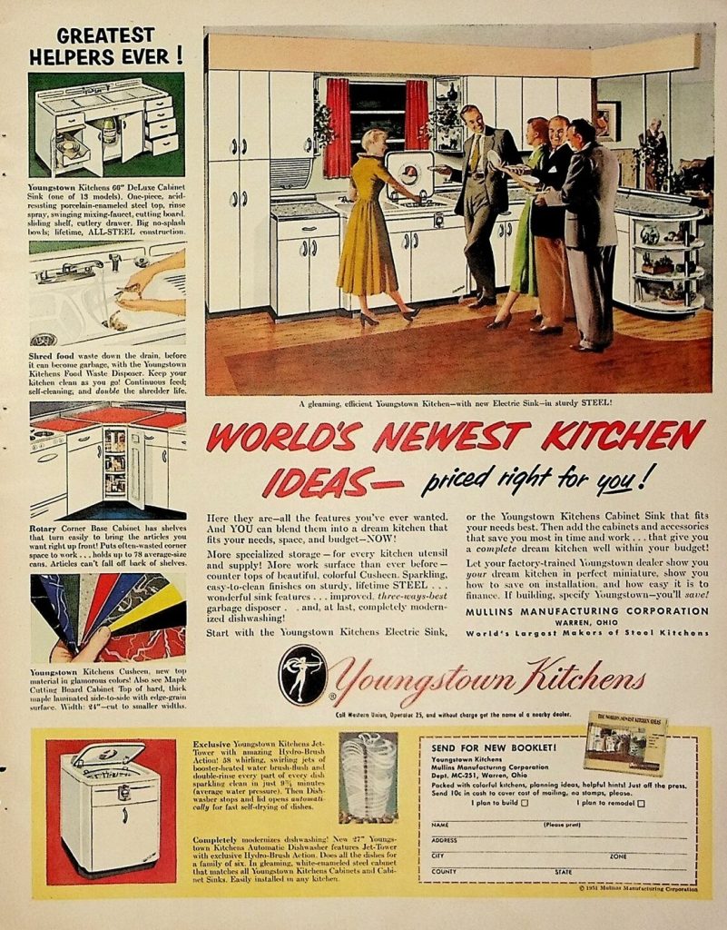 1950s Vintage Advertisement: "World's Newest Kitchen Ideas - priced right for you!" 1951 Youngstown Kitchens advertisement featuring cabinet ideas, fun colourful countertops and more! 