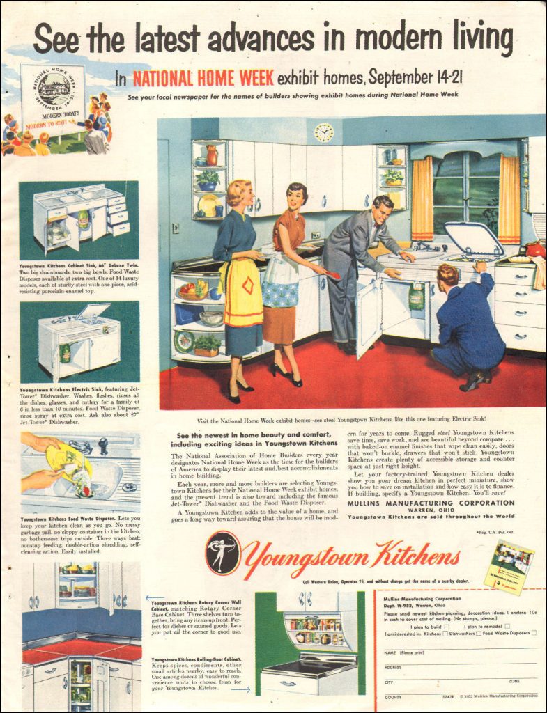 1950s vintage advertisement: 1952 vintage kitchen design ideas from Youngstown Kitchens.  featuring illustrations of various things in the kitchen like counters, sinks etc and 1950s housewives. 