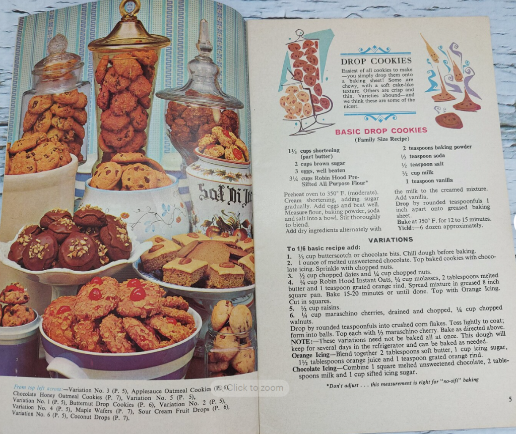 1950s vintage baking recipe for Drop Cookies from Robin Hood Flour vintage baking book 