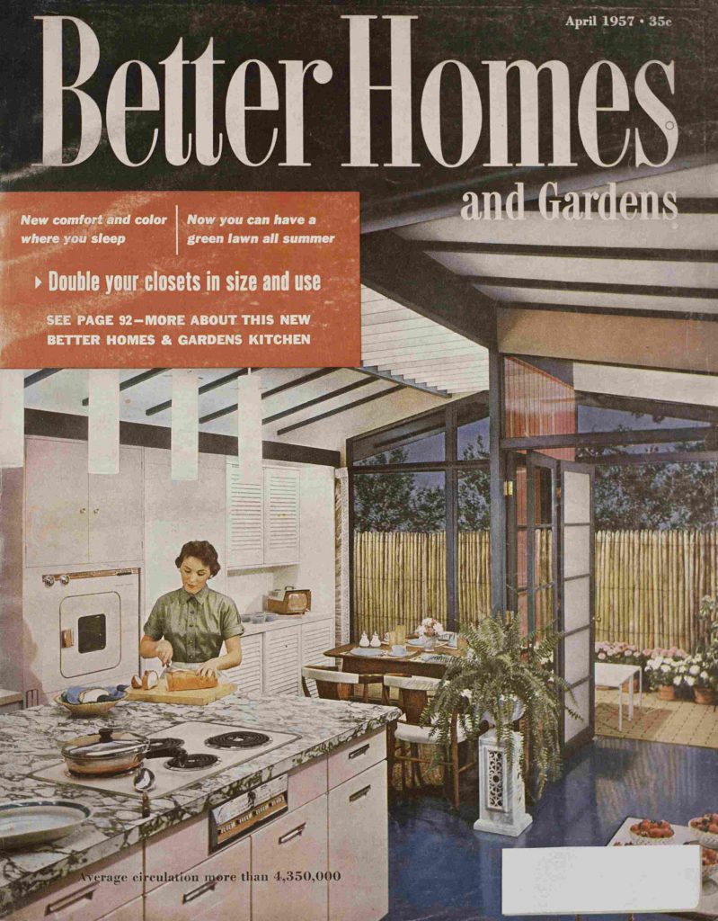 1950s vintage magazine cover featuring a 1950s Mid century kitchen and a 1950s housewife from April 1957