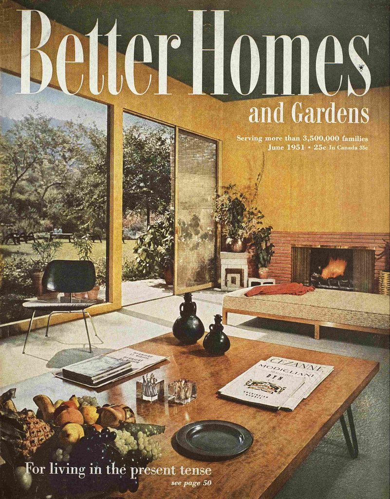 1950s vintage magazine cover featuring a 1950s Mid century livingroom decor and design as seen in a Better Homes & Gardens Magazine June 1951