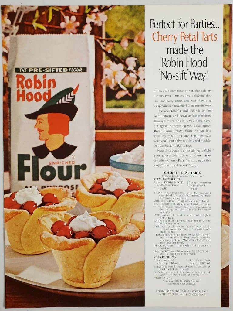 1960s vintage ad for 1963 Print Ad Robin Hood Flour featuring a Cherry Petal Tarts Recipe