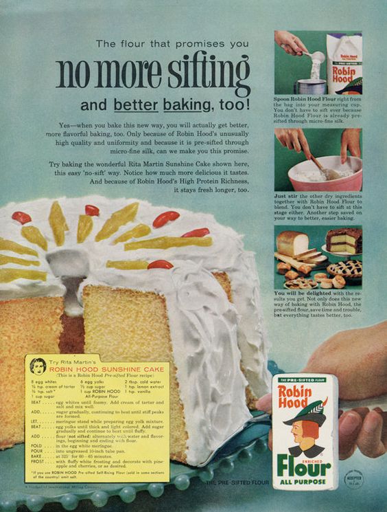 1960s vintage ad for Robin Hood flour. 1961 ad featuring a recipe for a wonderful looking cake called "The Robin Hood Sunshine Cake".