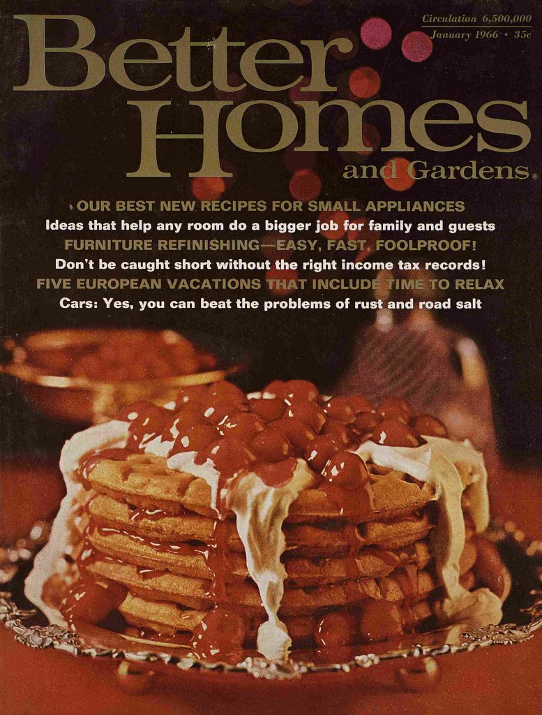 1960s vintage magazine cover from Better Homes and Gardens from January 1966 featuring waffles covered in strawberries on the cover. The magazine features new recipes for small appliances and so much more!