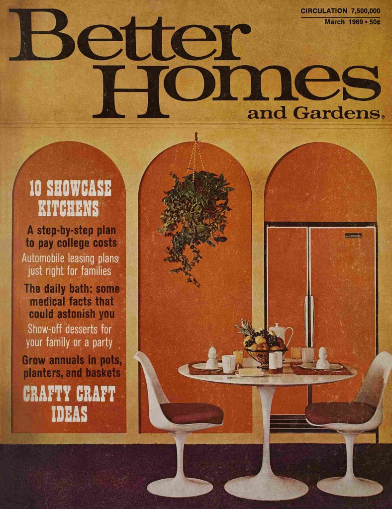 1960s vintage magazine from March 1966 and features a groovy orange fridge and a space age dining table. Fun (if you like orange)!