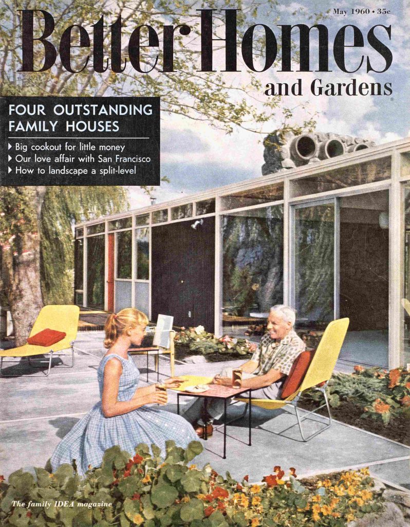 1960s vintage magazine cover from Better Homes and Gardens from May 1960 featuring a Mid Century Home and patio area. The photo features a young girl in early 1960s fashion and her grandfather enjoying Mid Century Patio Furniture. 