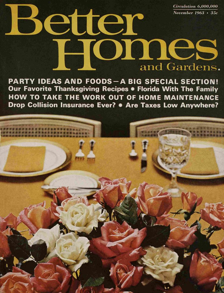 1960s vintage magazine cover from Better Homes and Gardens from November 1963 featuring party food ideas and thanksgiving food recipes