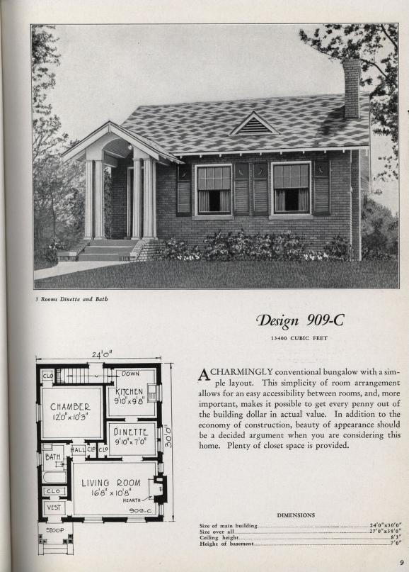 1930s vintage house plan and floor plan for a 3 bedroom, dinette & 1 bath small home. Circa 1930 small house plan catalog