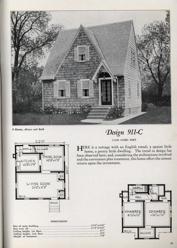 1930s vintage house plan and floor plan for 5 rooms (2 bedroom), alcove and 1 bath small home. Circa 1930 small house plan catalog