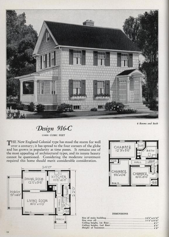 1930s vintage house plan and floor plan for 6 rooms (3 bedrooms) and 1 bath small home with porch -The New England Colonial. Circa 1930 small house plan catalog