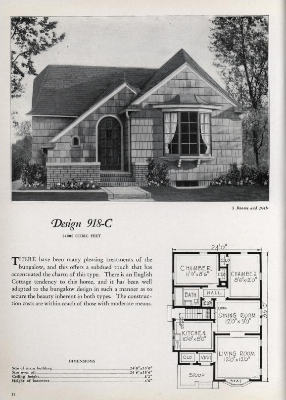 1930s vintage house plan and floor plan for 3 bedroom, 1 bath small home.  Circa 1930 small house plan catalog