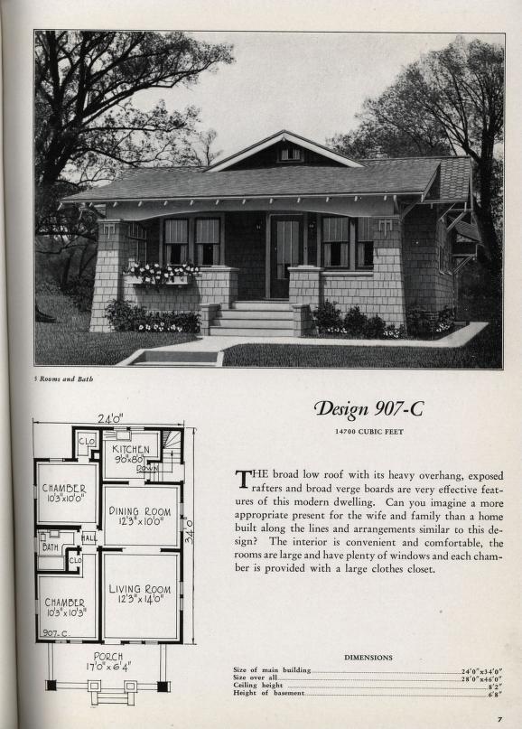 1930s vintage house plan and floor plan for a 1 bedroom, 1 bath craftsman home with a broad low roof and exposed rafters. Circa 1930 small house plan catalog