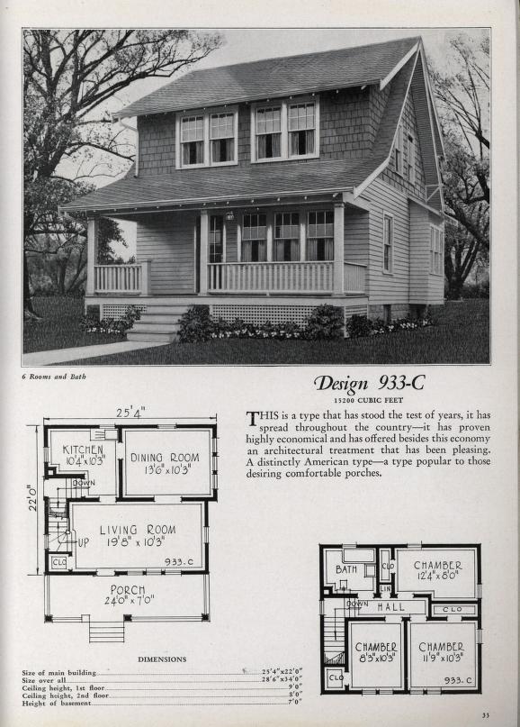 1930s vintage house plan and floor plan for 3 bedroom, 1 bath and porch small home.  Circa 1930 small house plan catalog