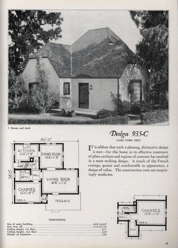 1930s vintage house plan and floor plan for 1 bedroom, 1 bath small home.  Circa 1930 small house plan catalog