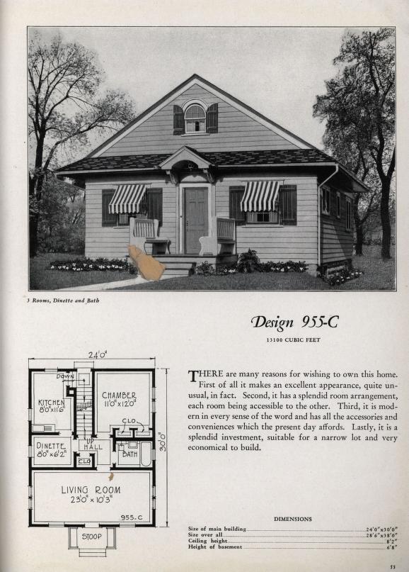 1930s vintage house plan and floor plan for 1 bedroom, 1 bath and dinette small home.  Circa 1930 small house plan catalog