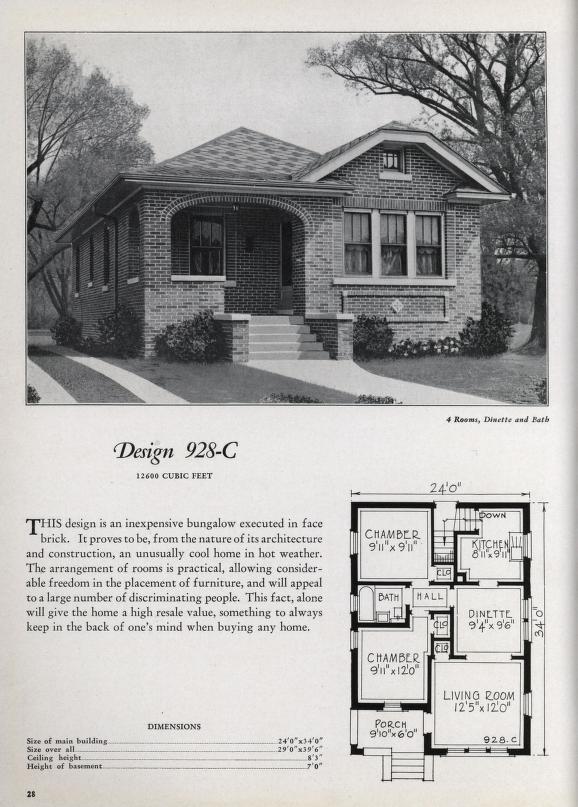 1930s vintage house plan and floor plan for 2 bedroom, 1 bath small home.  Circa 1930 small house plan catalog