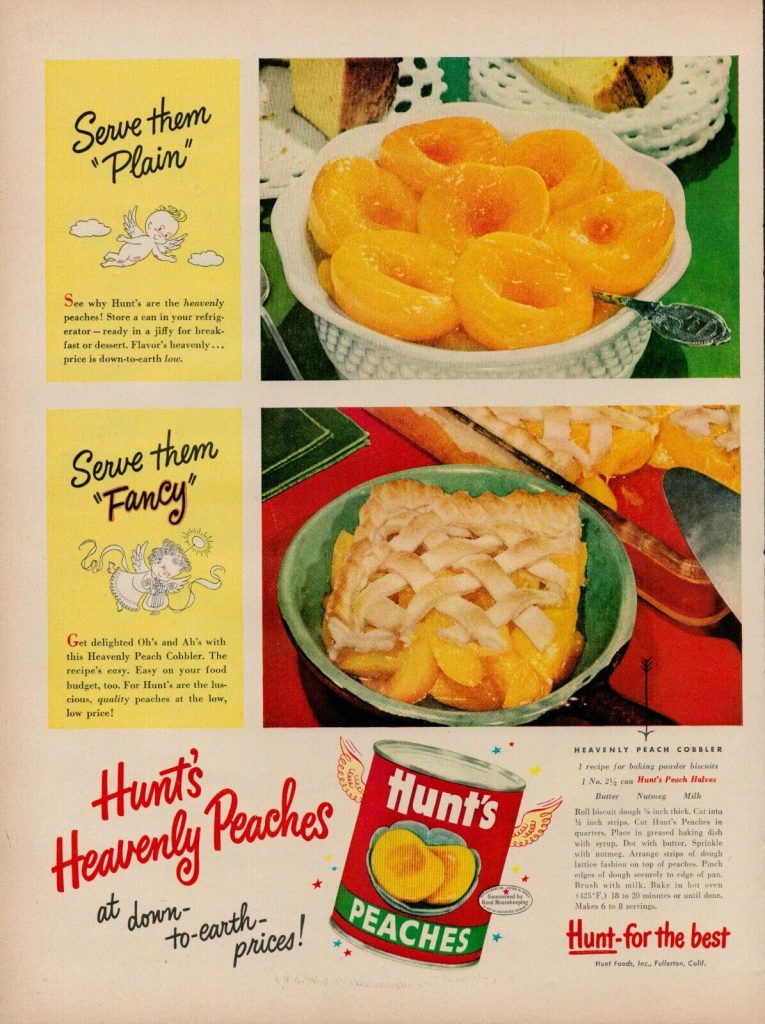 1950s vintage ad for Hunts Peaches ad featuring a recipe for Peach Cobbler from 1951