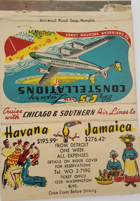 1950s Vintage Matchbook:  Vintage circa 1950-1953 Billboard Matchbook for Chicago & Southern Airlines on new Luxury Constellations, Jamaica & Havana