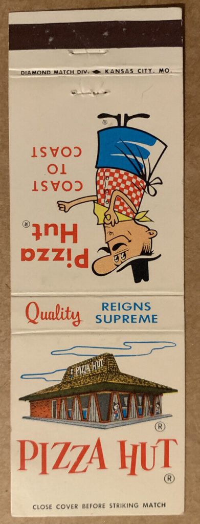 1960s Restaurant Matchbook for PIzza Hut featuring an illustration of the restaurant and a man in an apron.