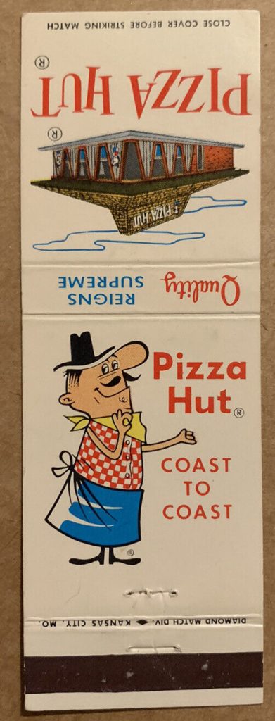 1960s Restaurant Matchbook for PIzza Hut featuring an illustration of the restaurant and a man in an apron.