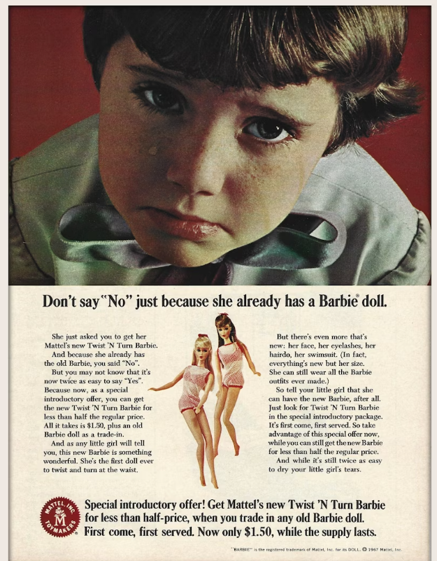 1960s vintage advertisement for 1967 Twist N Turn Barbie from Mattel.