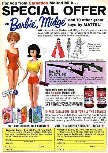 1960s vintage ad for Carnation Malted Milk ad with Barbie and Midge, 1964