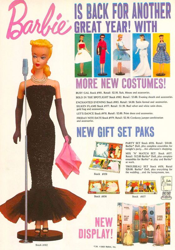 1960s vintage advertising: Fantastic 60's ad featuring Barbie's iconic Mermaid black dress (plus other stylish outfits & gift set paks).