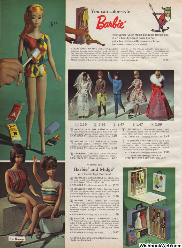 1966 JCPenny Christmas Catalog page featuring Barbie and Barbie & Midge and featuring "Color Magic Barbie Doll'. 