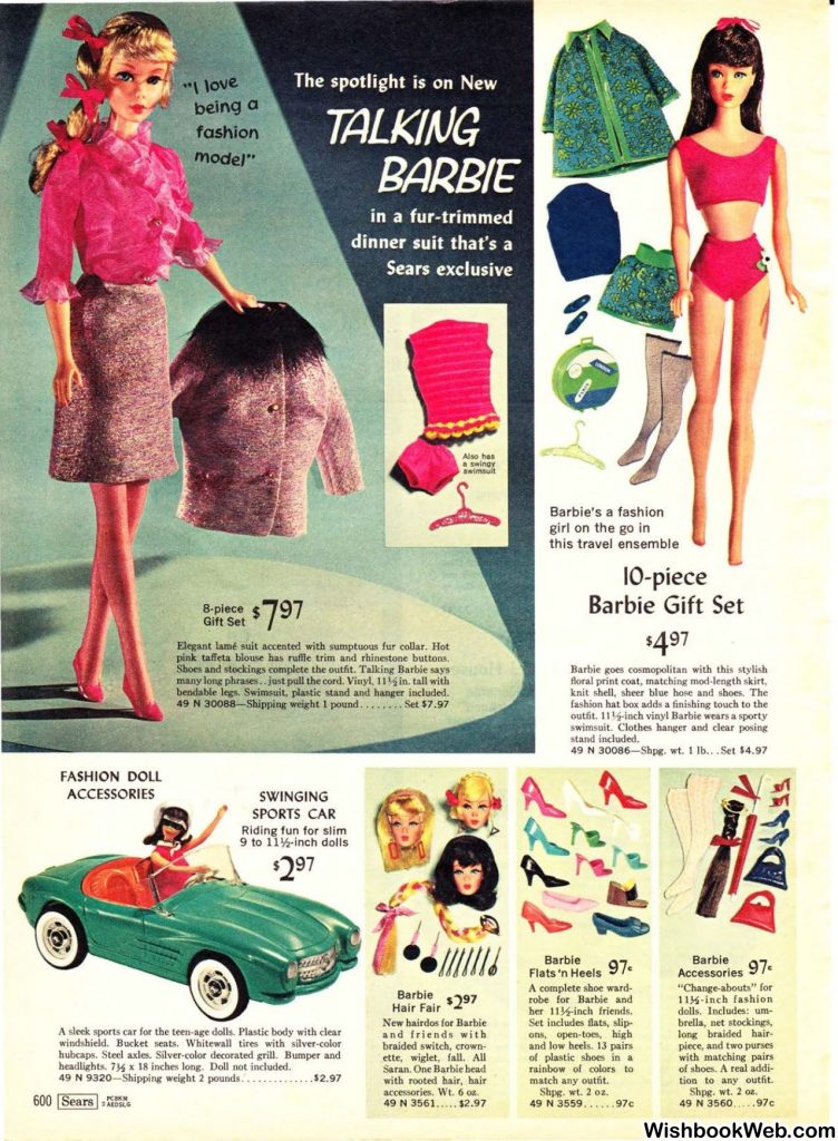 "The spotlight is on New Talking Barbie in a fur-trimmed dinner suit that's a Sears exclusive" as seen in a 1968 Sears Wishbook.