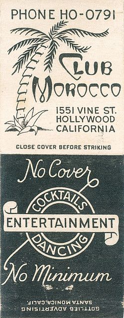 Vintage Matchbook from the 1940s / 1950s for Club Morocco in Hollywood, California. 