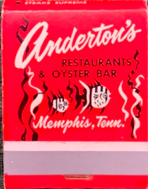 Vintage Matchbook for Andertons, Oyster Bar & Restaurant, Memphis, TN featuring an illustration of fish in the ocean.