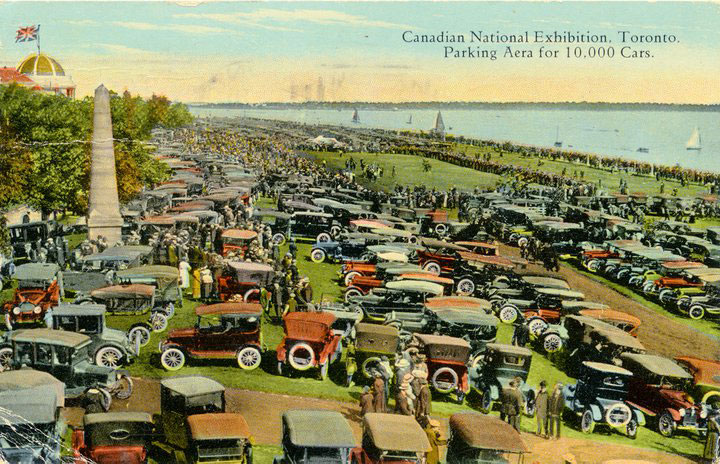 1920s vintage postcard: In 1920, the Canadian National Exhibition had a parking area for 10,000 cars as seen in this vintage postcard image featuring early 1920s cars. 