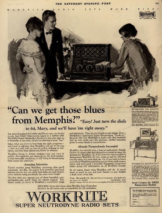 1920s vintage radio ad from 1924 featuring a couple listening to the radio. 