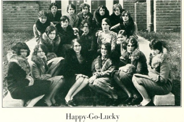 Late 1920s vintage yearbook photo from 1929 from William Peace University featuring an image of the "happy-Go-Lucky" club. A group yearbook photo of young women in late 1920s coats and 1920s hairstyles. 